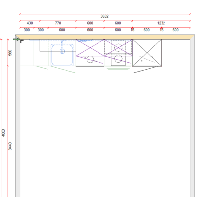 kitchenette tri-couleur gris, blanc et bois avec plan de travail blanc 283/1/21