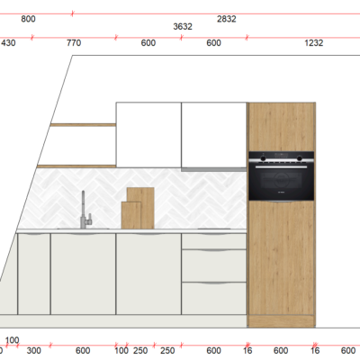 kitchenette tri-couleur gris, blanc et bois avec plan de travail blanc 283/1/21