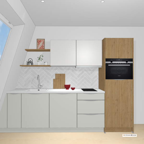 kitchenette tri-couleur gris, blanc et bois avec plan de travail blanc 283/1/21