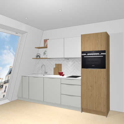 kitchenette tri-couleur gris, blanc et bois avec plan de travail blanc 283/1/21