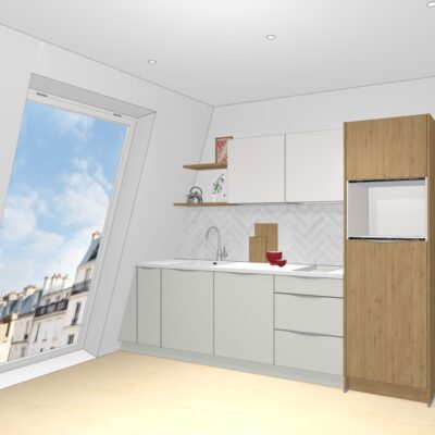 kitchenette tri-couleur gris, blanc et bois avec plan de travail blanc sans électros 283/1/23