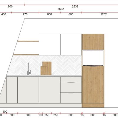 kitchenette tri-couleur gris, blanc et bois avec plan de travail blanc sans électros 283/1/23