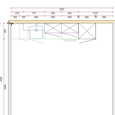 kitchenette tri-couleur gris, blanc et bois avec plan de travail blanc sans électros 283/1/23