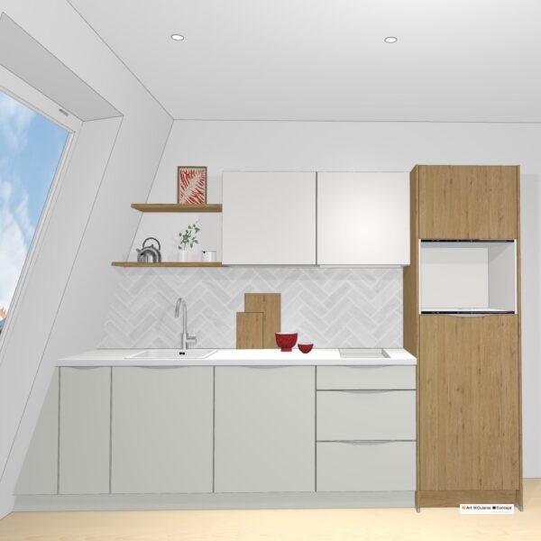 kitchenette tri-couleur gris, blanc et bois avec plan de travail blanc sans électros 283/1/23