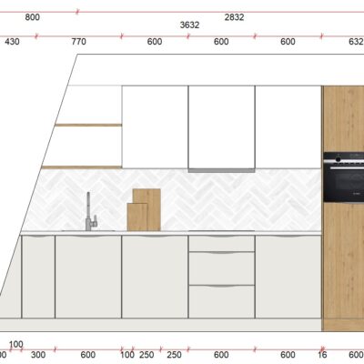 cuisine équipée tri-couleur gris, blanc et bois avec plan de travail blanc 283/1/19