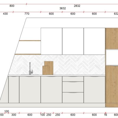 meubles de cuisine sans électros tri-couleur gris, blanc et bois avec plan de travail blanc 283/1/25