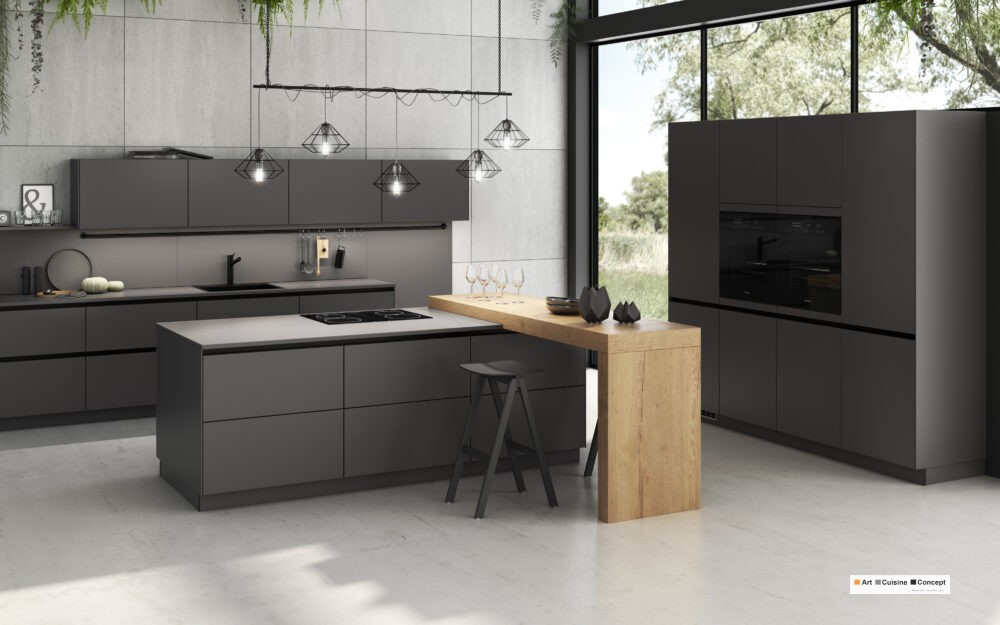 Artego cuisine sobre et élégante façade Fine Pro 53030 graphite et bar 472 chêne brun doré