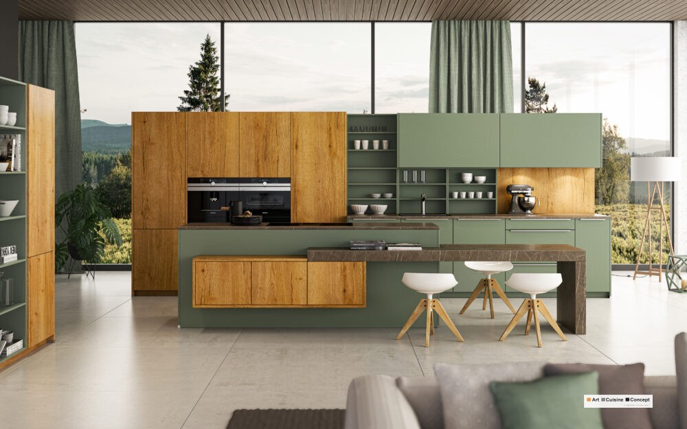 Cuisine Artego la sérénité de la façade Pastell 16051 Eucalyptus et dela Trention 22072 Chêne brun doré